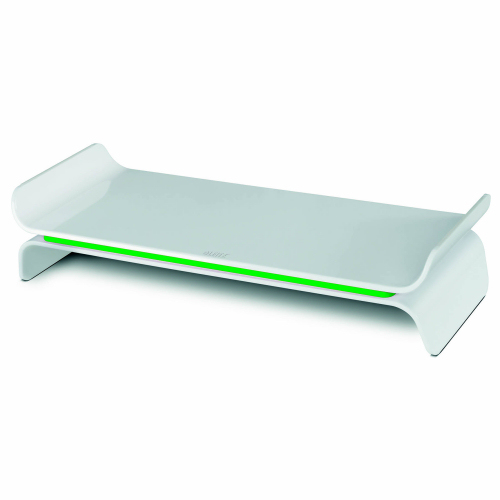 Enhance your workspace with the Leitz Ergo WOW Adjustable Monitor Stand in vibrant green (65040054) designed to improve ergonomics and elevate your monitor for optimal viewing comfort.