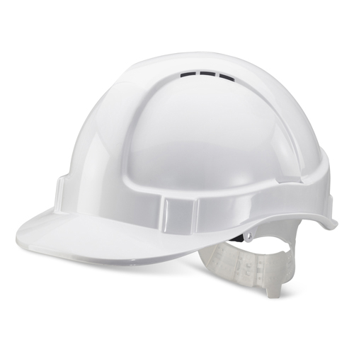 Shop our White Vented Safety Helmet designed for optimal protection and comfort on the job. This durable helmet features ventilation for breathability making it ideal for construction and industrial use.