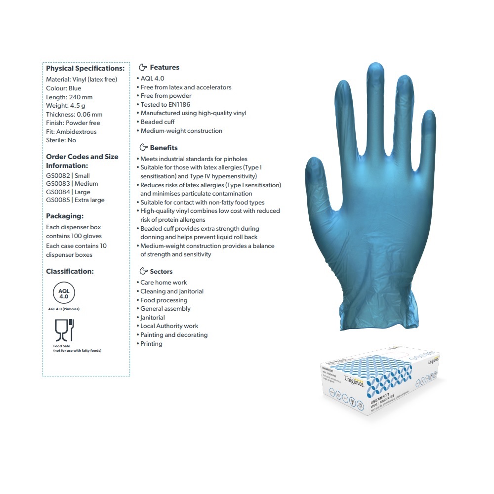 Unicare Blue Vinyl Gloves Medium Powder-Free GS0083 - Pack 100 Unicare Blue Vinyl Gloves Medium Powder-Free GS0083 - Pack 100