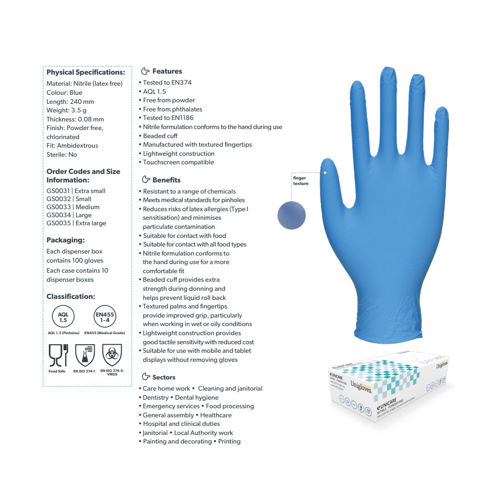 Unicare Nitrile Powder-Free Gloves Large GS0034 - Pack 100 Unicare Nitrile Powder-Free Gloves Large GS0034 - Pack 100