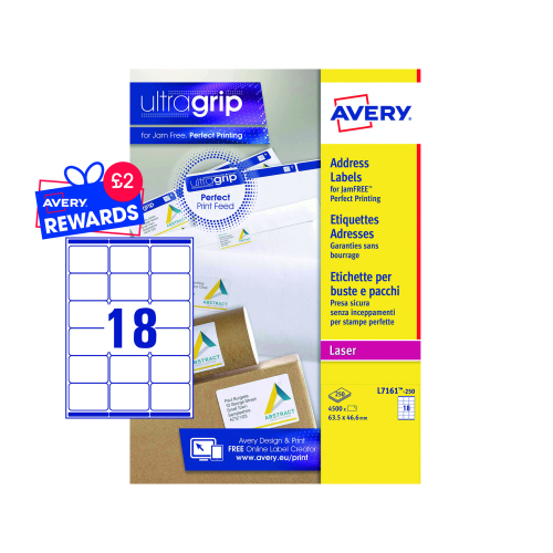 Avery L7161-250 Laser Address A4 Labels 18 Per Page 63.5x46.6 White - 250 Sheets