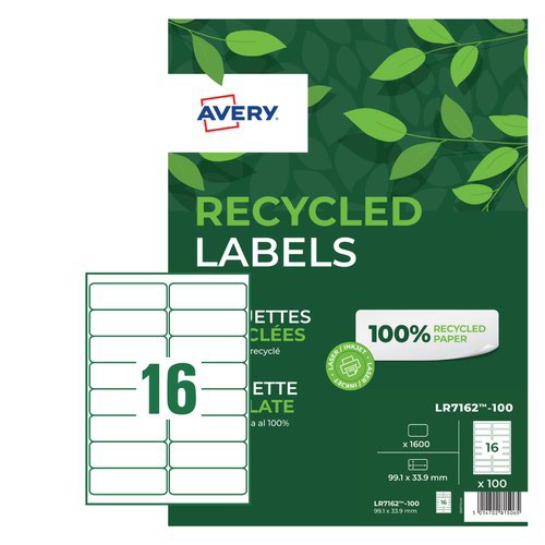 Avery LR7162-100 Laser Recycled A4 Labels 16 per Page 99.1x33.9 White - 100 Sheets
