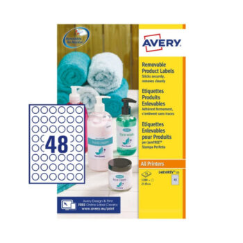 Shop Avery L4850REV-25 25mm Removable Round Labels in white perfect for versatile labelling needs. Each pack contains 25 sheets ideal for creating custom labels that can be easily removed without leaving residue.