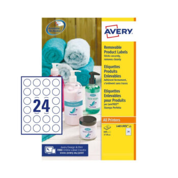 Shop Avery L4851REV-25 37mm Removable Round Labels in white perfect for versatile labelling needs. Each pack contains 25 sheets ideal for creating custom labels that can be easily removed without leaving residue.