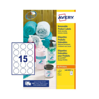 Shop Avery L4853REV-25 51mm Removable Round Labels in white perfect for versatile labelling needs. Each pack contains 25 sheets of high-quality easy-to-remove labels for all your organisational tasks.