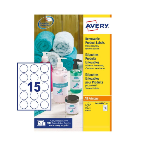 Shop Avery L4853REV-25 51mm Removable Round Labels in white perfect for versatile labelling needs. Each pack contains 25 sheets of high-quality easy-to-remove labels for all your organisational tasks.