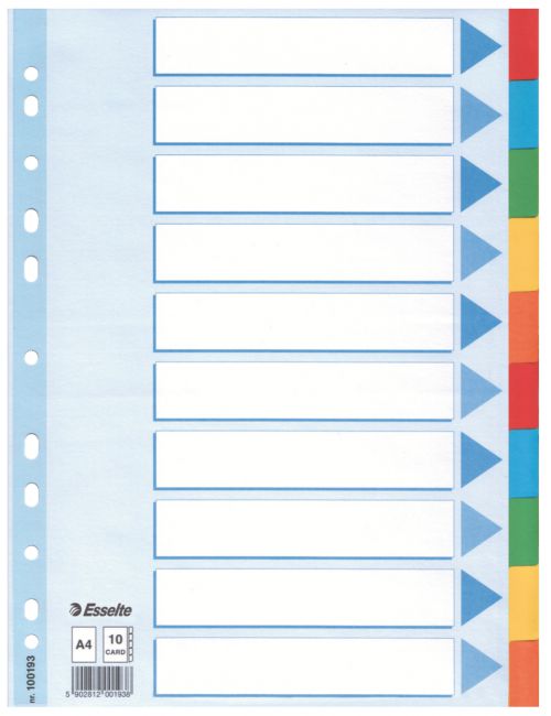 Esselte A4 Cardboard Dividers 10 Part 100193 Pack 10 Fusion Office