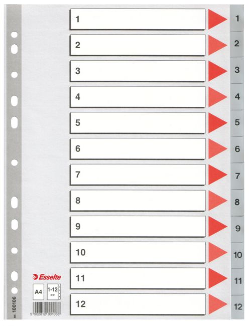Esselte A4 Index 1 12 Polypropylene Grey 100106 Pack 10 Fusion Office