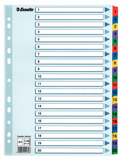 Esselte A4 Index 1 20 With Mylar Tabs 100163 Pack 10 Fusion Office