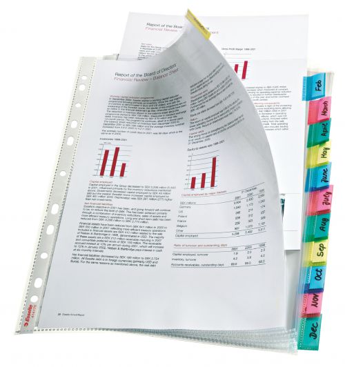 Esselte Index Punched Pockets 12 Tabs A4 Glass Clear 414170 Pack 10 Fusion Office