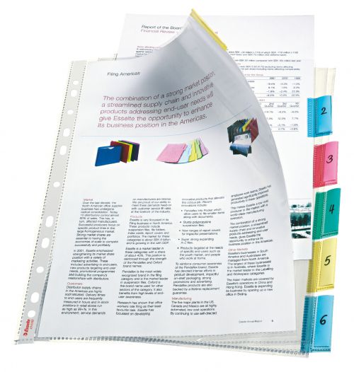Esselte Index Punched Pockets 6 Tabs A4 Glass Clear 414160 Pack 10 Fusion Office