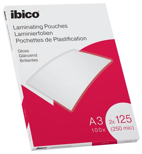 Ibico Gloss A3 Laminating Pouches 250mic Crystal Clear 627321 Pack 100 Fusion Office