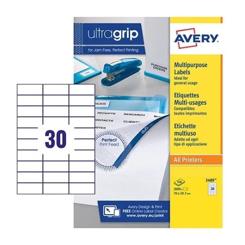 Avery 3489 Multipurpose Labels 30 Per Page 70x29.7mm Permanent - 100 Sheets