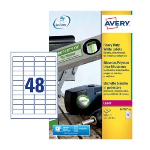 Avery L4778-20 Laser Heavy Duty A4 Labels 48 Per-Page 45.7x21.2 White - 20 Sheets