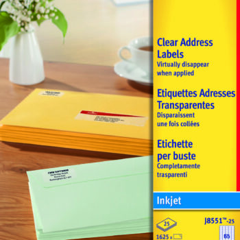 Avery J8551 25 Inkjet Clear Address Labels 65 Per Page 381×212mm 25 Sheets Fusion Office