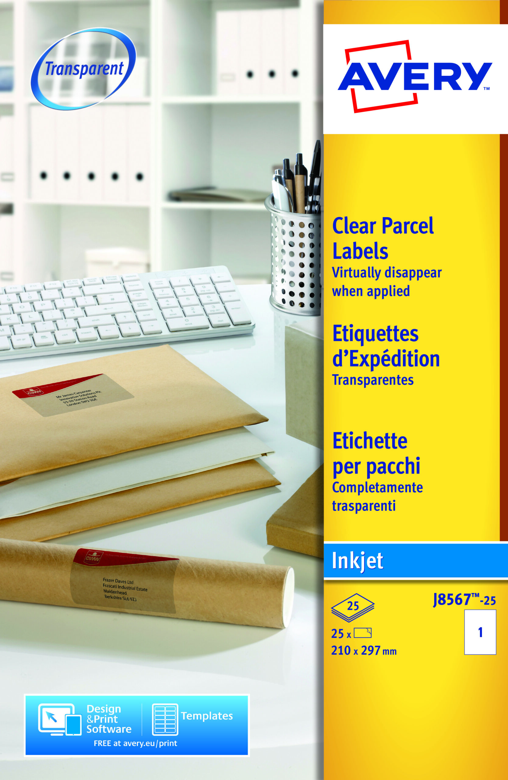 Avery J8567 25 Inkjet Address A4 Labels 1 Per Page 210×297 Clear 25 Sheets Fusion Office