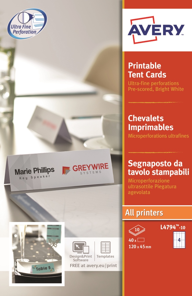 Avery L4794 10 Printable Tent Cards 120x45mm 4 Per Page 10 Sheets Fusion Office