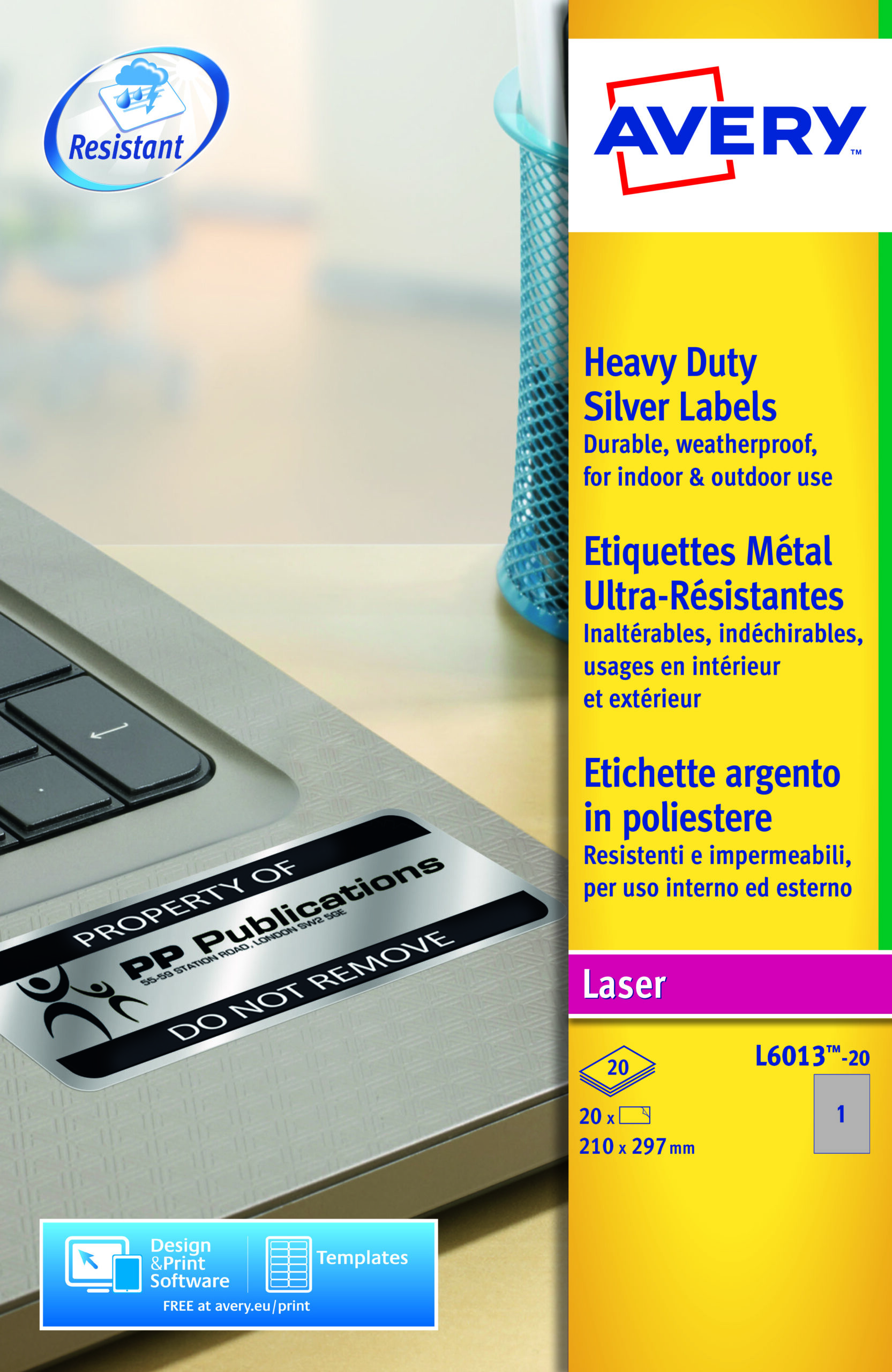 Avery L6013 20 Laser Heavy Duty A4 Labels 1 Per Page 210×297 Silver 20 Sheets Pack 5 Fusion Office