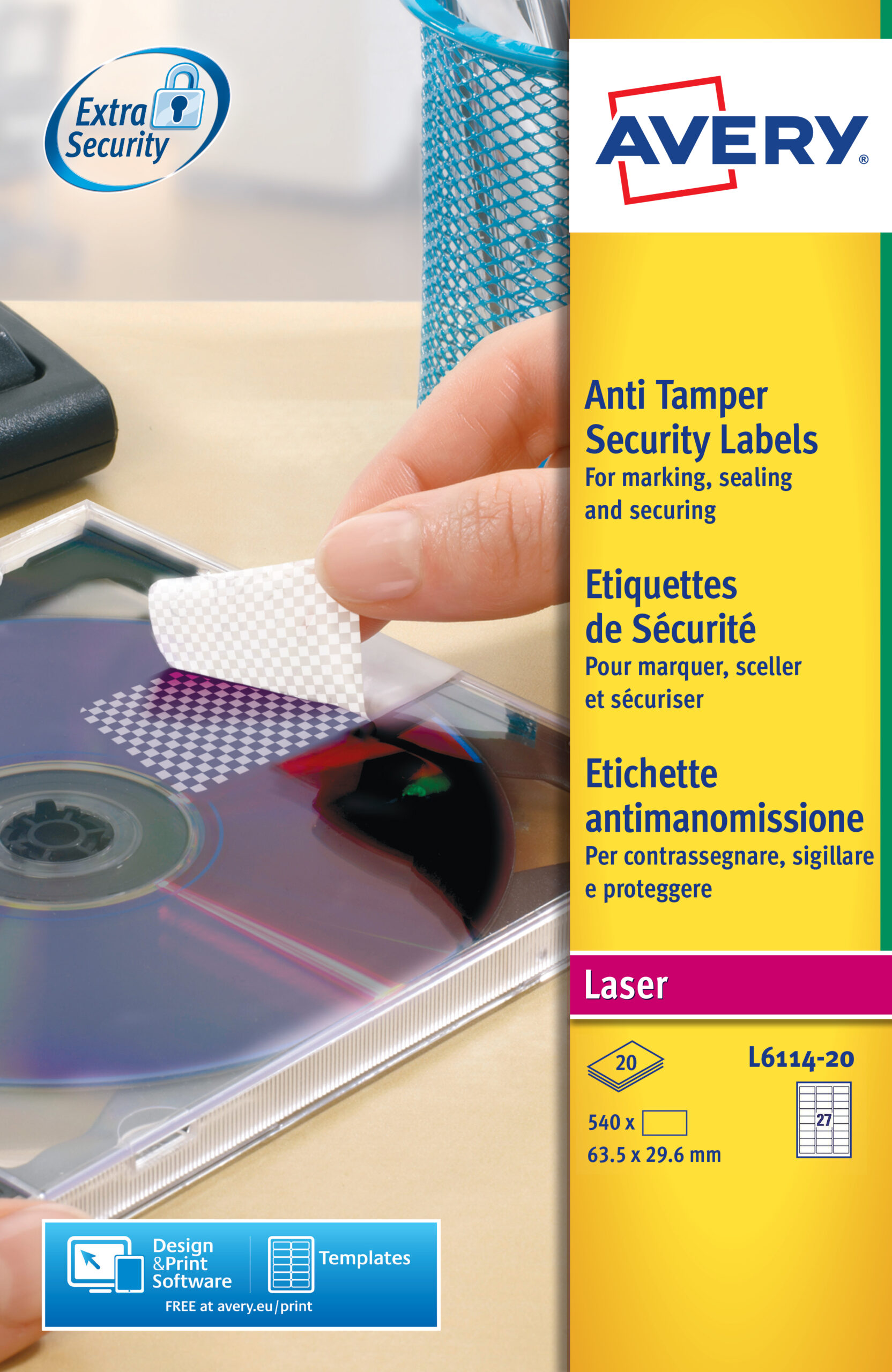 Avery L6114 20 Laser Anti Tamper A4 Labels 27 Per Page 63x30mm 20 Sheets Fusion Office