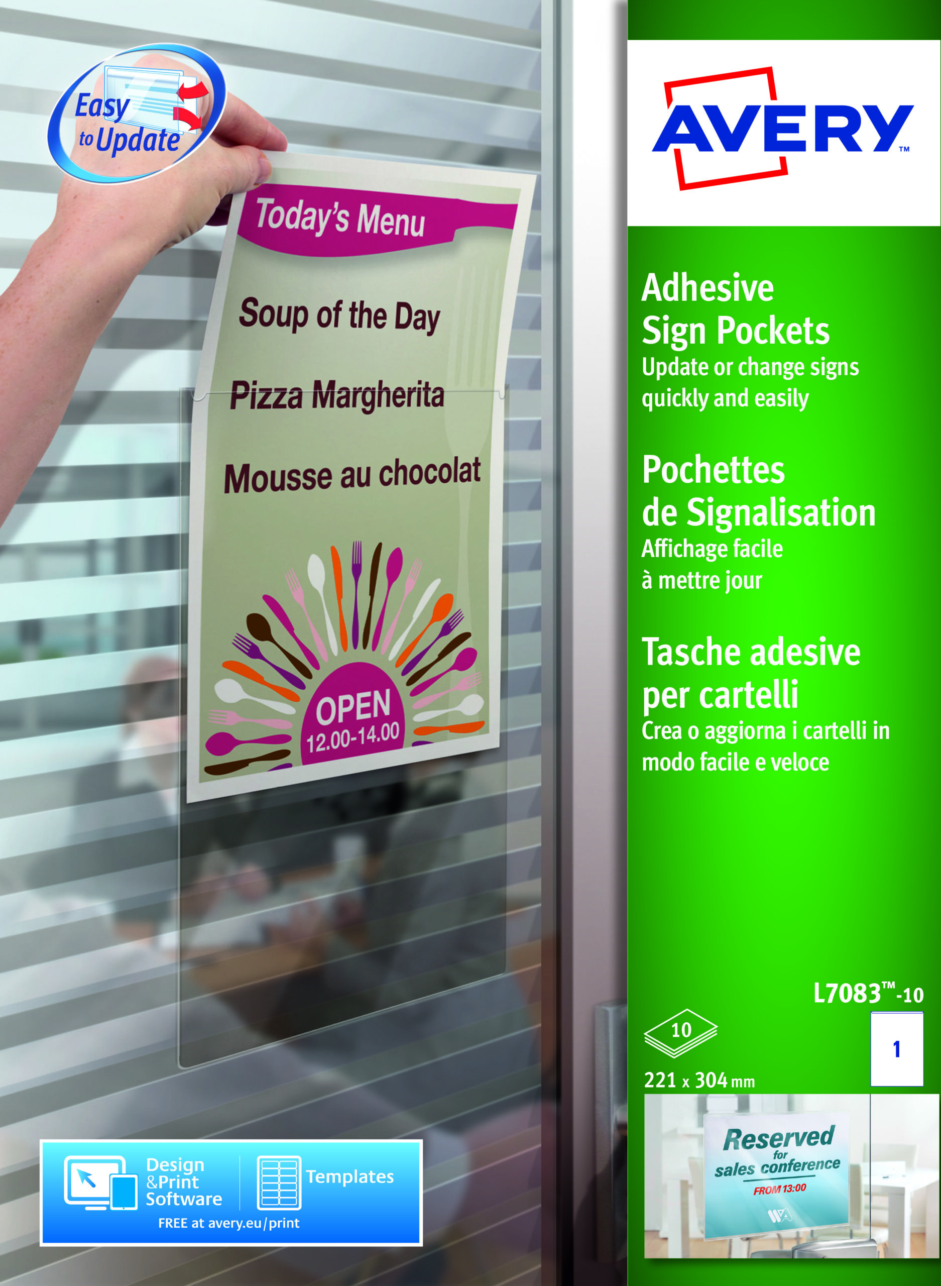 Avery L7083 10 Self Adhesive Sign Pockets A4 221x304mm Repositionable 10 Sheets Pack 5 Fusion Office