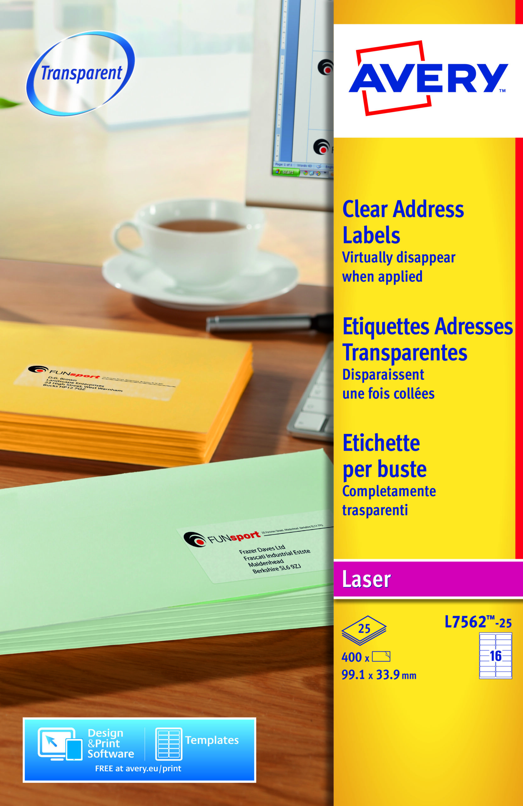 Avery L7562 25 Laser Address A4 Labels 16 Per Page 99×34 Clear 25 Sheets Fusion Office