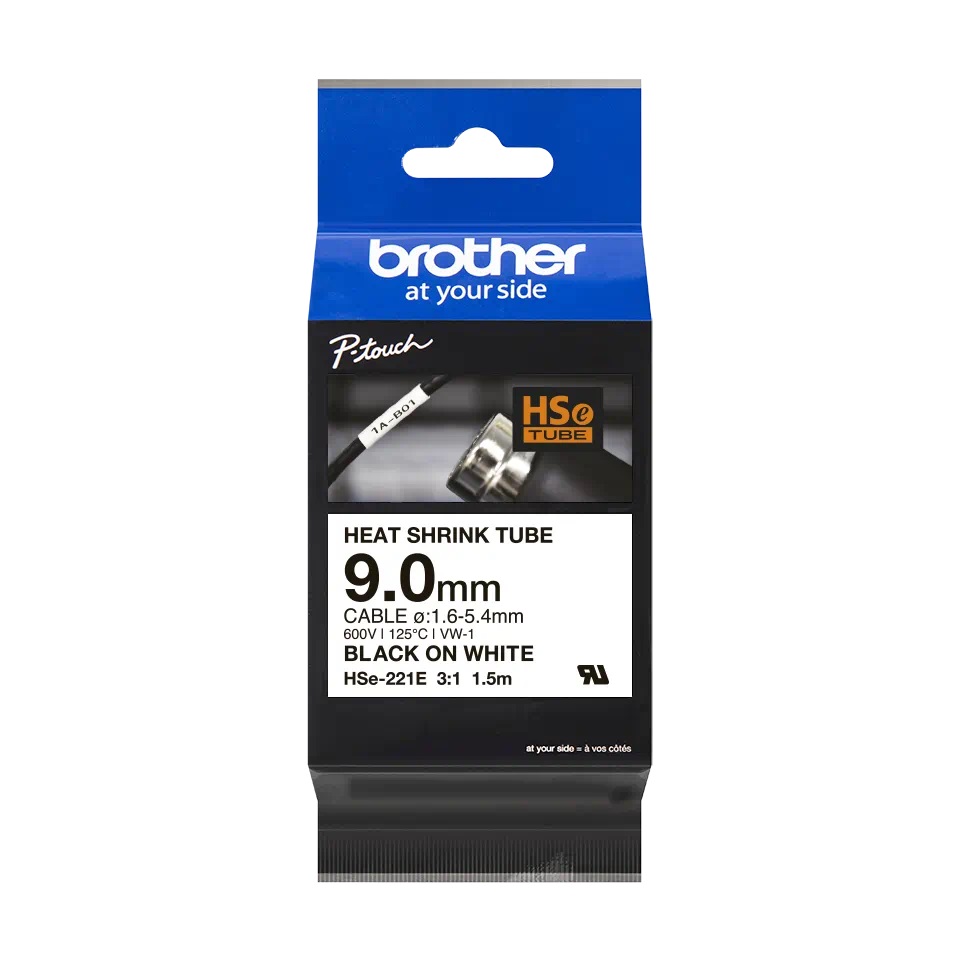 Brother HSE-221E Black On White Heat Shrink Tube 8.8mmx1.5m - HSE221E