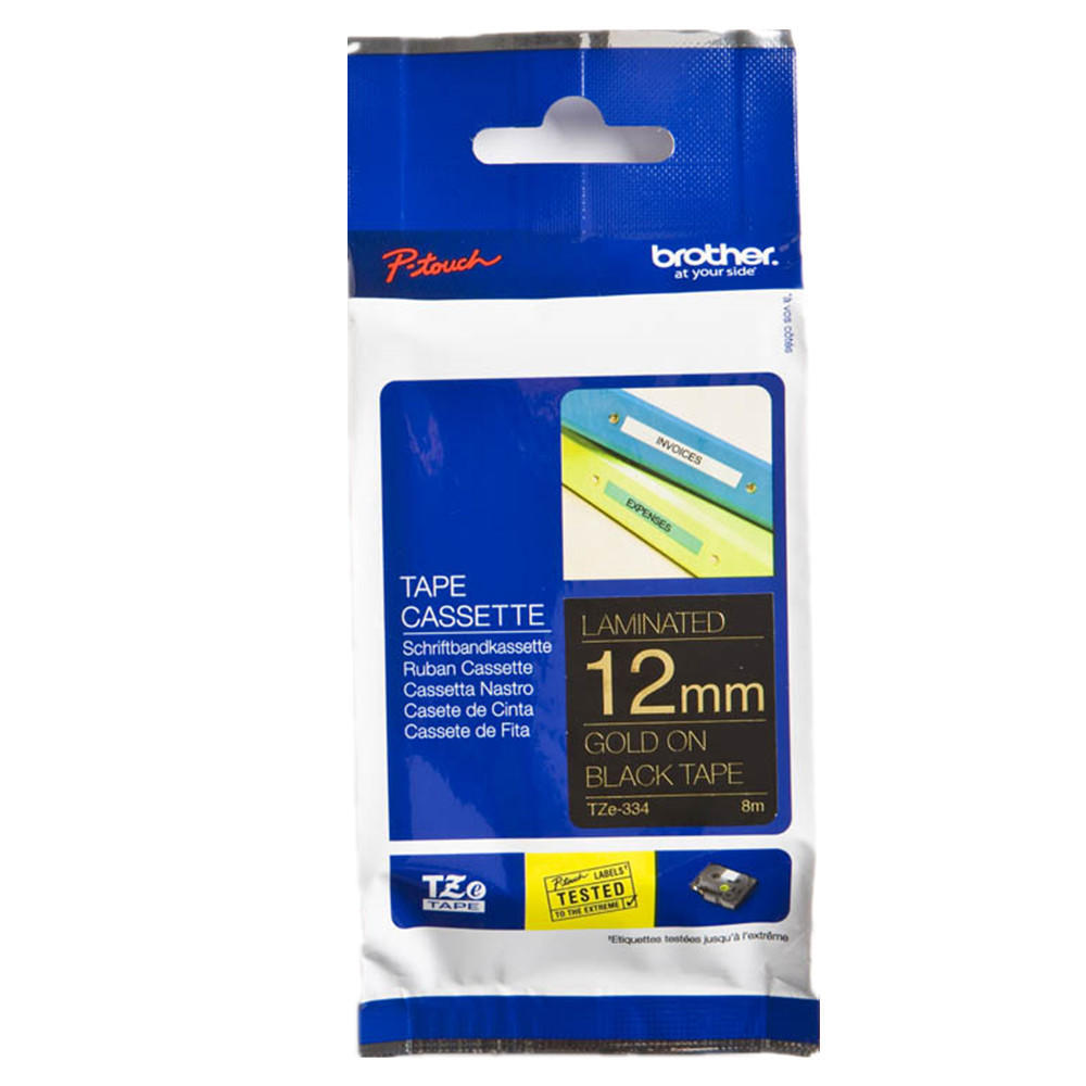 Brother Tze 334 P Touch Gold On Black Label Tape 12mm X 8m Tze334 Fusion Office