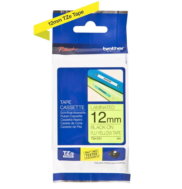 Brother Tze C31 P Touch Black On Fluroescent Yellow Label Tape 12mm X 5m Tzec31 Fusion Office
