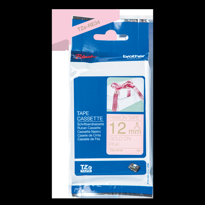 Brother Tze Re34 P Touch Gold On Pink Label Tape 12mm X 4m Tzere34 Fusion Office