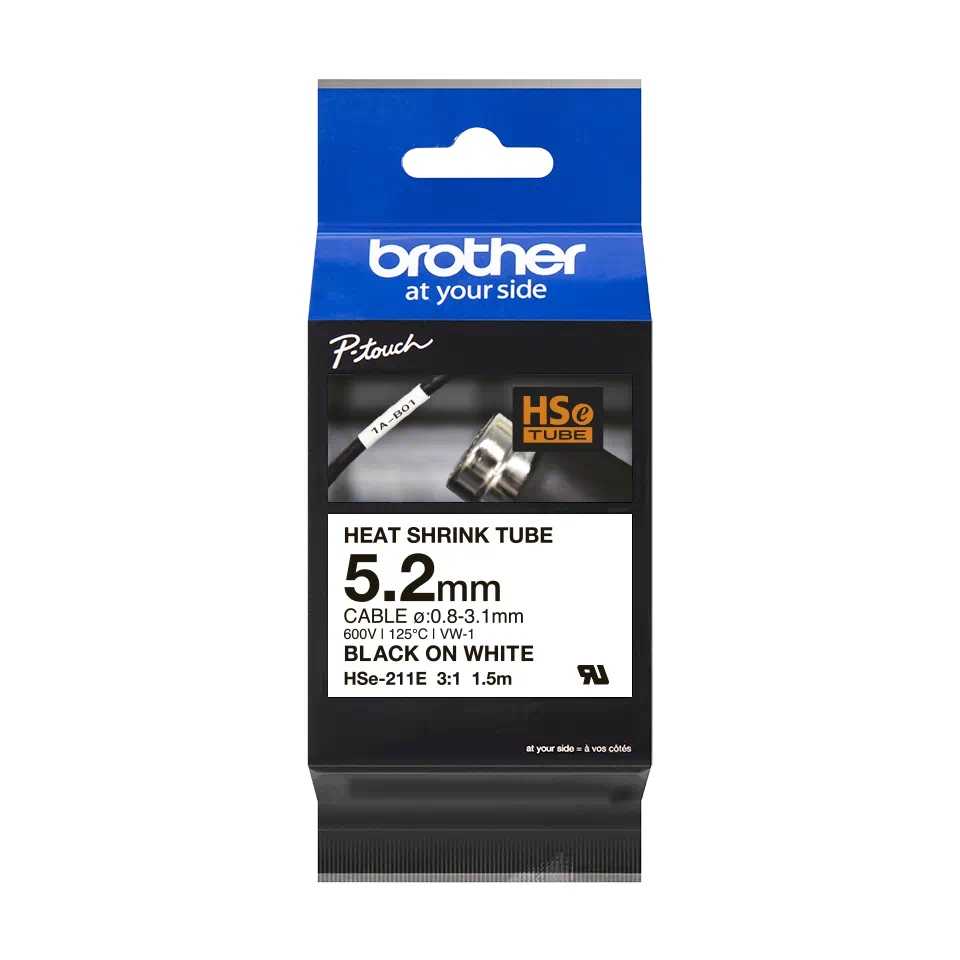 Brother HSE-211E Black On White Heat Shrink Tube 5.8mmx1.5m - HSE211E