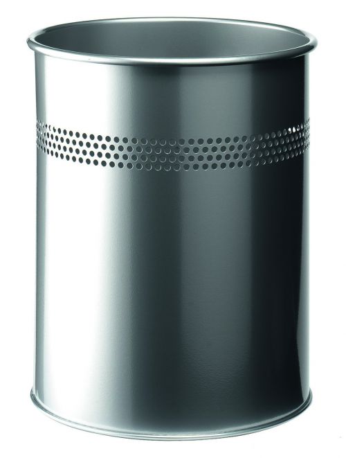 Durable Waste Bin Metal Round Perforated 15 Litres Silver 330023 Fusion Office