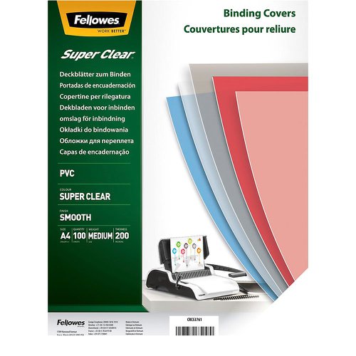 Fellowes Pet A4 Binding Covers 200 Micron Clear Pack 100 5384701 Fusion Office