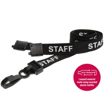15mm Recycled Black Staff Lanyards Plastic J Clip - Pack 10