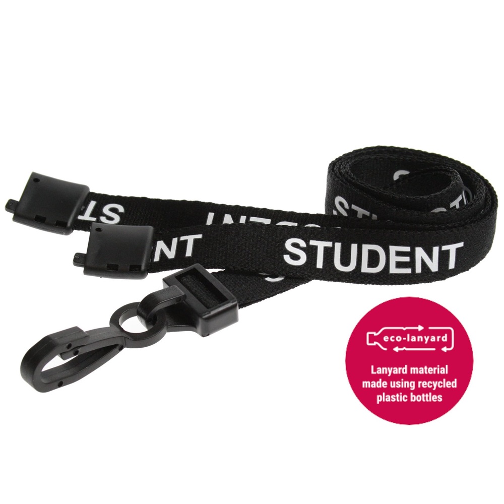 15mm Recycled Black Student Lanyards Plastic J Clip - Pack 10