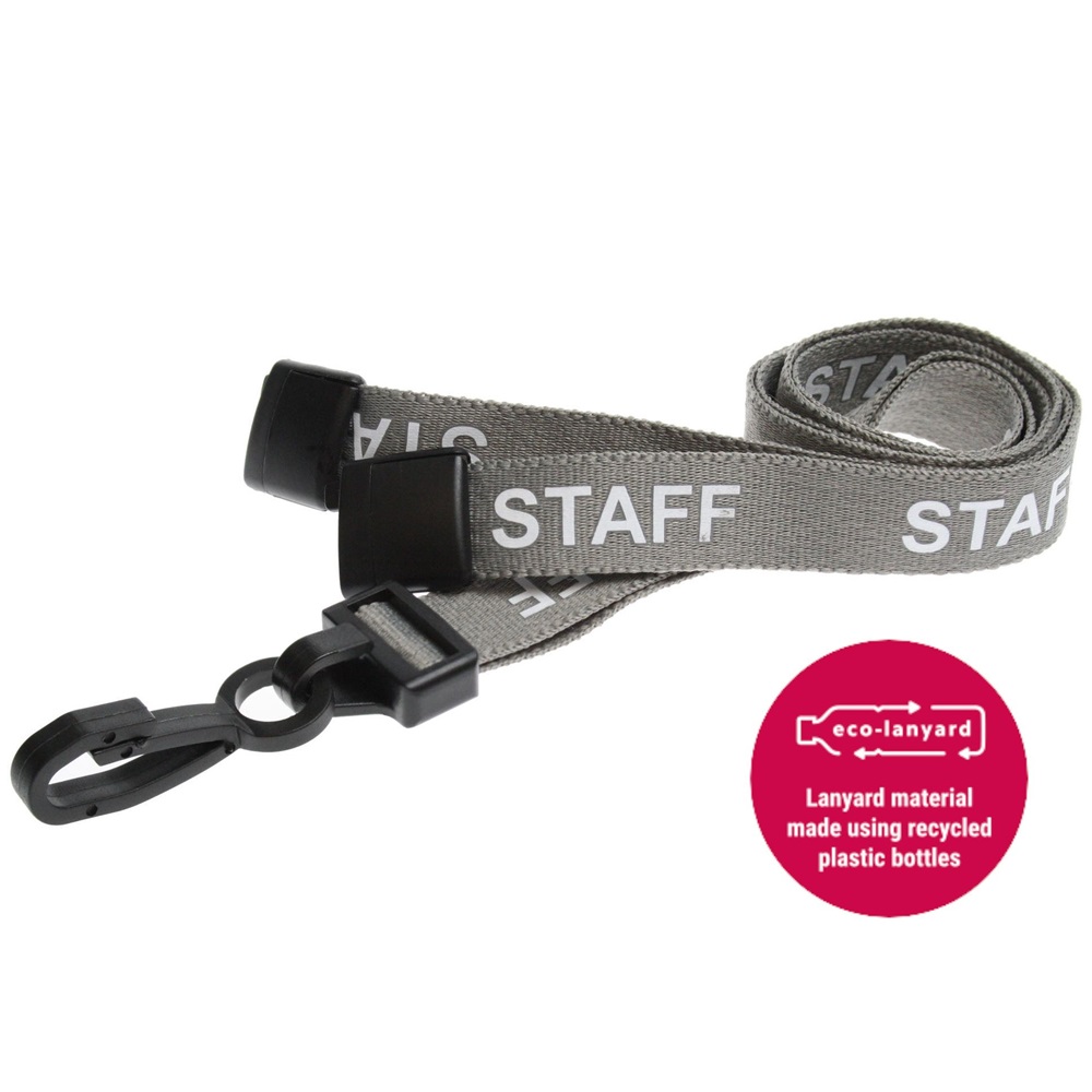 15mm Recycled Grey Staff Lanyards Plastic J Clip - Pack 10