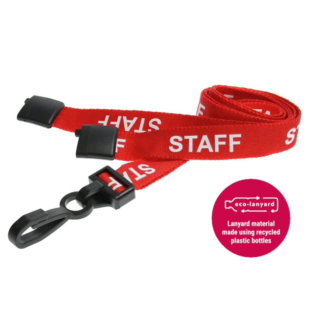15mm Recycled Red Staff Lanyards Plastic J Clip - Pack 10