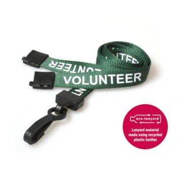 15mm Recycled Green Volunteer Lanyards Plastic J Clip - Pack 10