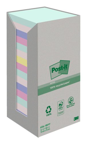 3M 654-1RPTN Post-it Recycled Notes 76x76mm Assorted Colours Pack 16 7100259226