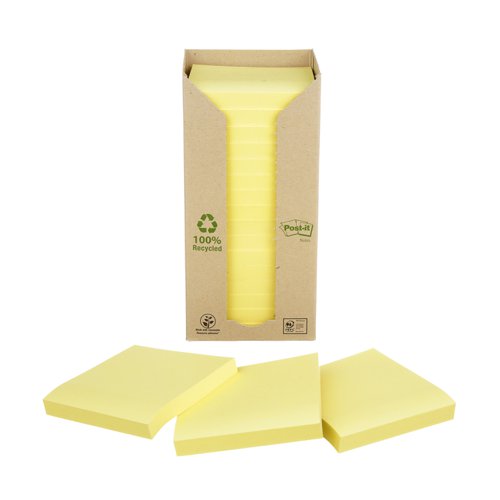 3M 654-1T Post-it Recycled Notes 76x76mm Canary Yellow Pack 16 7100172245