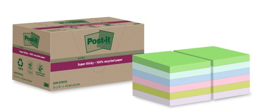 3M Post-it Super Sticky Recycled Notes 47.6x47.6mm Assorted - Pack 12 7100284780