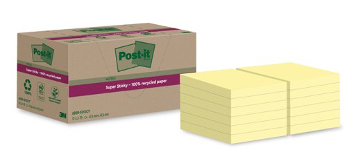 3M Post-it Super Sticky Recycled Notes 47.6x47.6mm Canary - Pack 12 7100284576