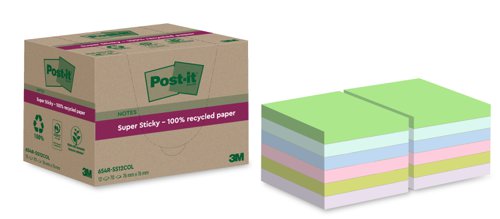 3M Post-it Super Sticky Recycled Notes 76x76mm Assorted - Pack 12 7100284781