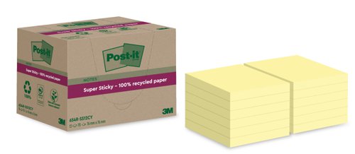 3M Post-it Super Sticky Recycled Notes 76x76mm Yellow - Pack 12 7100284981