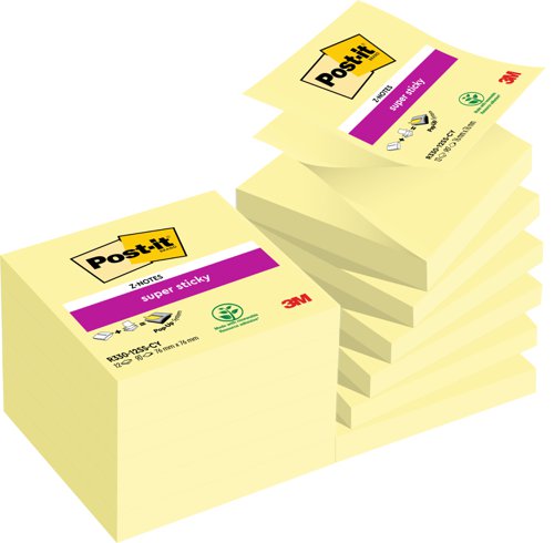 3M R330-12SS-CY Post-it Super Sticky Z-Notes 76x76mm Yellow - Pack 12