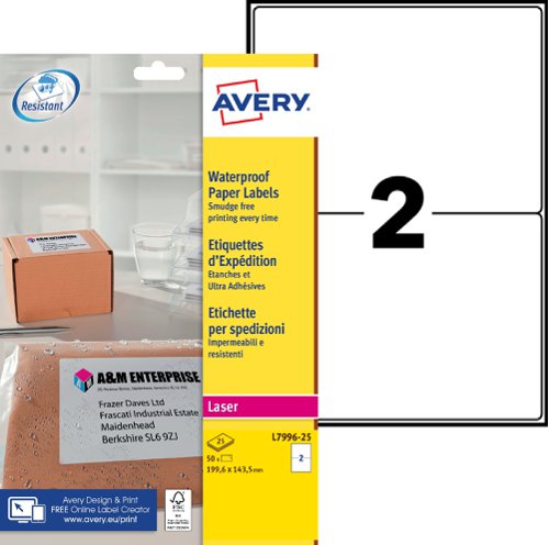 Avery L7996-25 Laser Weatherproof Labels 2 per page 199.6x143.5 - 25 Sheets