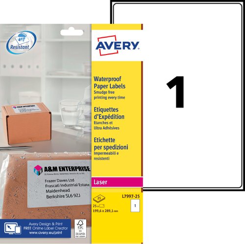 Avery L7997-25 Laser Weatherproof Labels 1 per page 199.6x289.1 - 25 Sheets