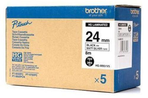 Brother HE-M951V5 Black On Matte Silver Labelling Tape 24mm x 8m (Pack 5)