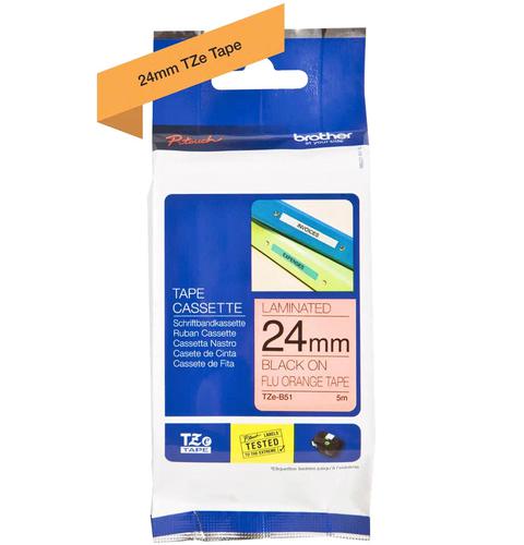 Brother TZE-B51 P-Touch Black On Fluorescent Orange Label Tape 24mm x 5m TZEB51