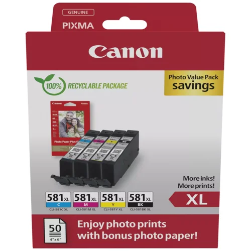Canon CLI-581XL Black & Colour High Yield Inkjet Cartridges + Paper 2052C006