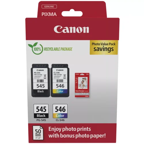 Canon PG-545/CL-546 Black & Colour Inkjet Cartridges + Paper 8287B008